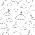 Seamless pattern with hand drawn black and white clouds and crazy birds on a white background